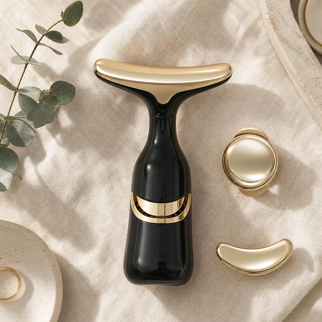 The massager with its three interchangeable heads: neck, eye and face