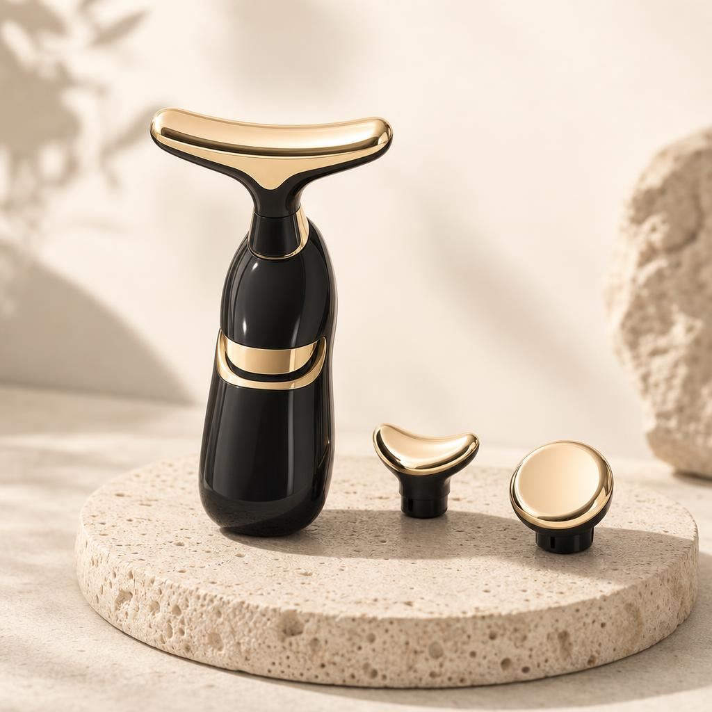 Cuspido 3-in-1 face and neck massager in black and gold with its three heads